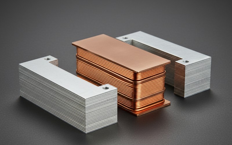 Disassembled shell-type transformer parts