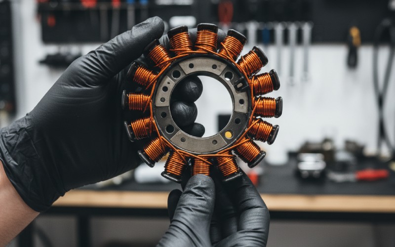 Mechanic holding a motorcycle stator