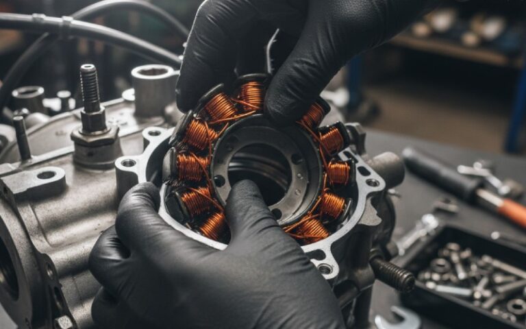 Mechanic installing a new motorcycle stator