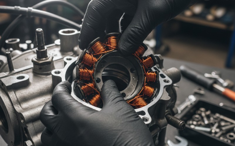 Mechanic installing a new motorcycle stator