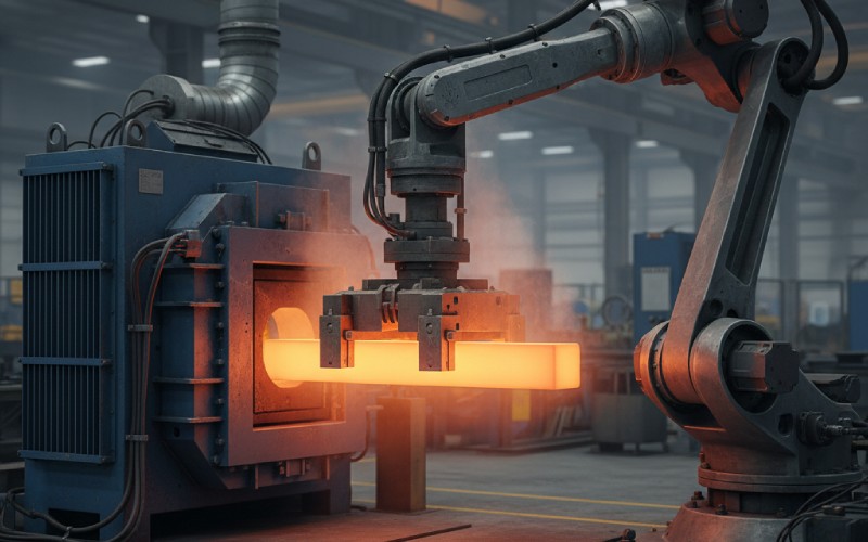 Roboterarm hält einen heißen Stahlknüppel