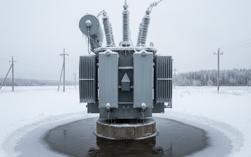 Geschmolzener Schnee um einen warmen Transformator