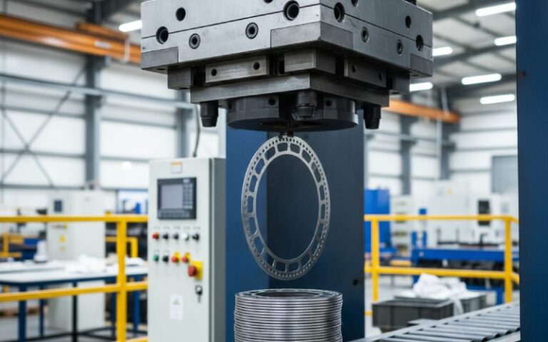 Stamping press creating a motor lamination