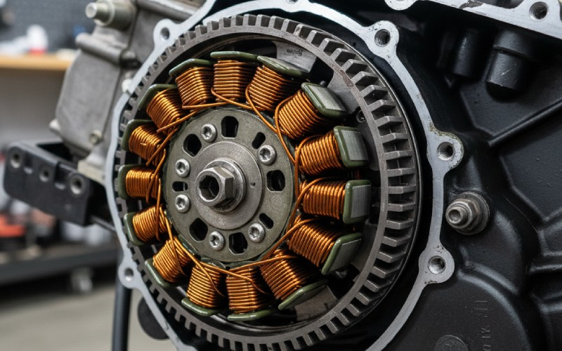 Stator and flywheel inside an ATV engine