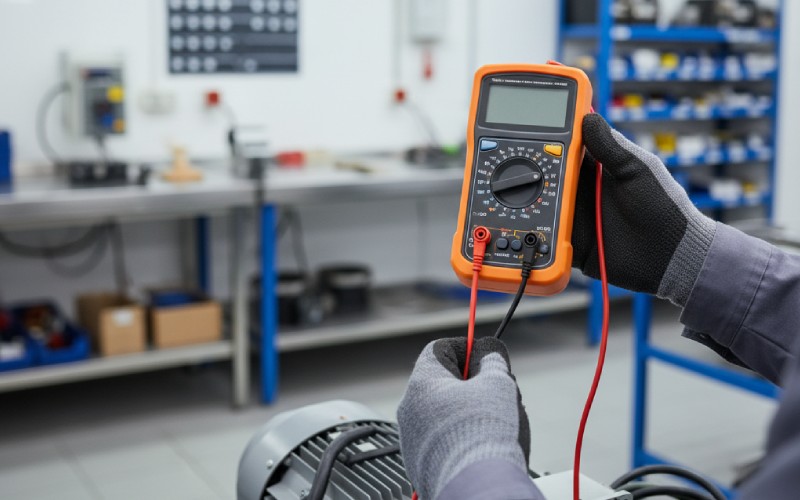 Technicien tenant un multimètre pour effectuer des tests