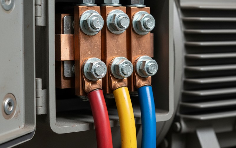 An den Motor angeschlossene dreiphasige Stromkabel