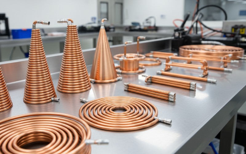 Verschiedene Kupferinduktionsspulen auf einer Werkbank