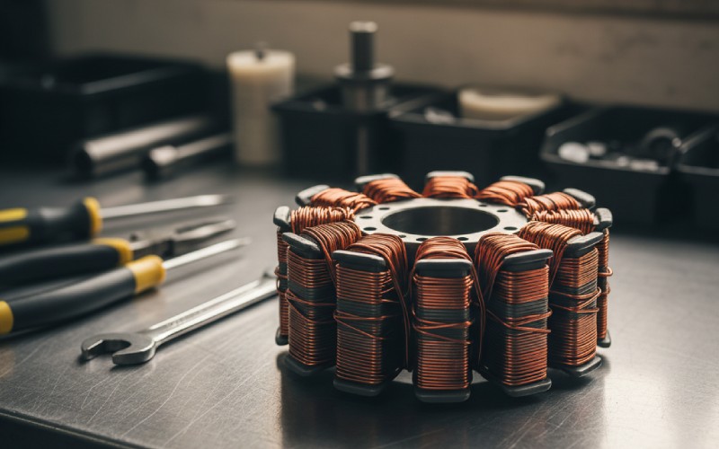 Magneto stator on workbench