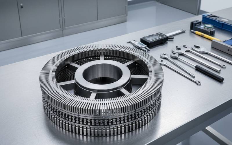 Rotor laminations stacked on workbench