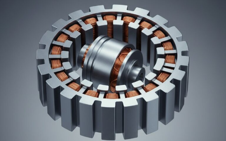 Wide 8:5 aspect ratio photorealistic close-up 3D render inside an electric motor, focusing tightly on stator teeth and slot openings near the air gap, smooth rounded tooth-tip radii and narrow slots, finely machined steel surfaces, soft studio lighting, shallow depth of field, realistic engineering detail, no text, textless, no labels, no numbers