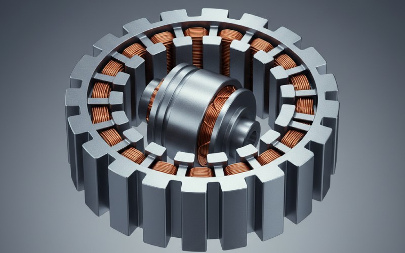 Wide 8:5 aspect ratio photorealistic close-up 3D render inside an electric motor, focusing tightly on stator teeth and slot openings near the air gap, smooth rounded tooth-tip radii and narrow slots, finely machined steel surfaces, soft studio lighting, shallow depth of field, realistic engineering detail, no text, textless, no labels, no numbers