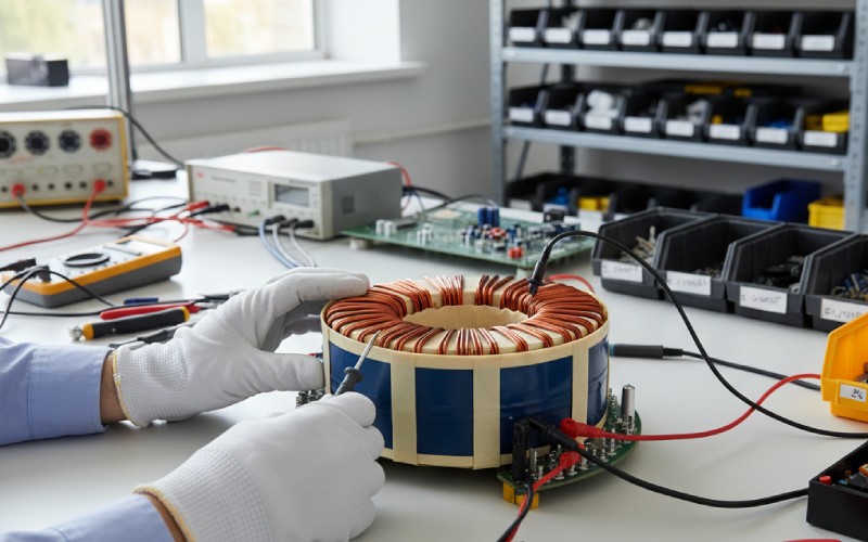 engineer assembling toroidal transformer
