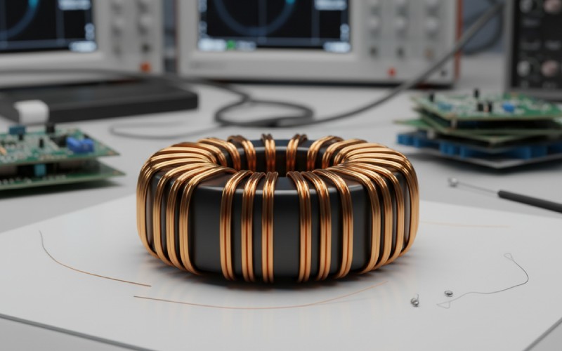 toroidal transformer on lab bench