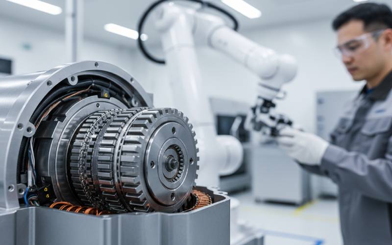 Cobot und Ingenieur mit offenem Servomotor