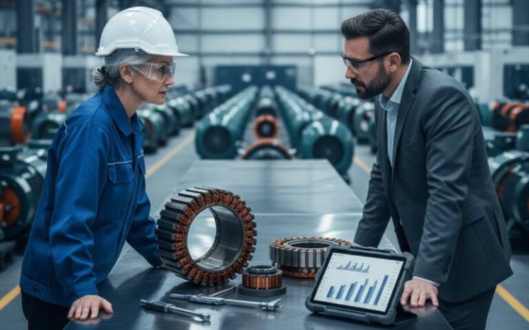 Ingenieure bei der Überprüfung von Stator und Rotor