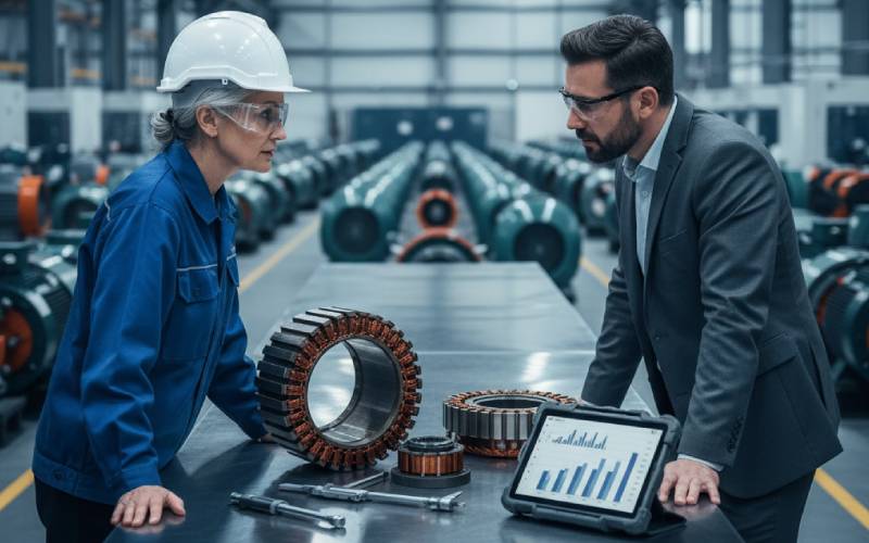 Ingenieure bei der Überprüfung von Stator und Rotor