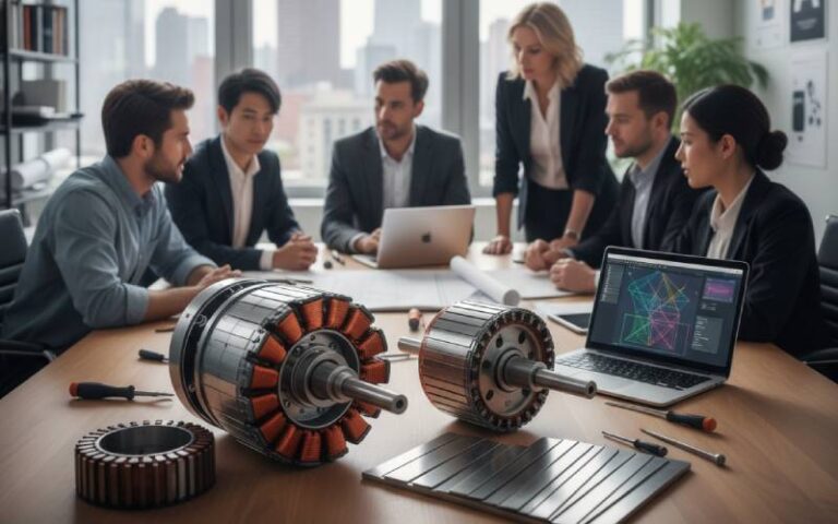 Ingenieure überprüfen die Stator-Rotor-Baugruppe