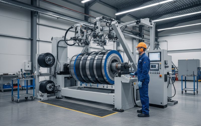 Rotor banding machine in workshop