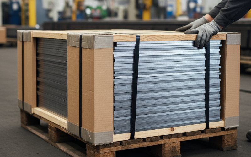 Worker checking strapped lamination stack