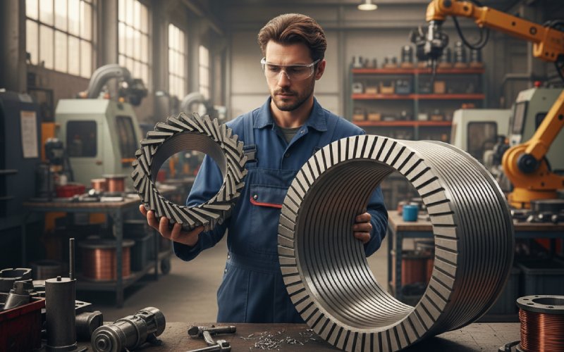 ingenieur inspecteert scheve motorkernen