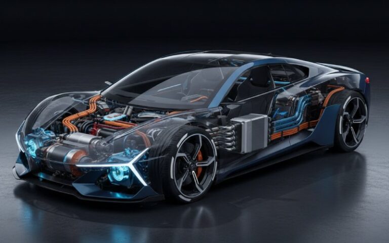 vue transparente du groupe motopropulseur d'une voiture de sport électrique