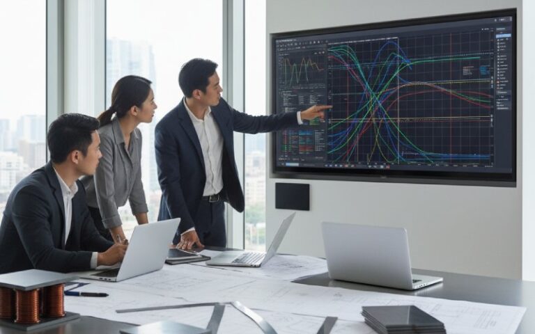 Engineers reviewing transformer magnetic data