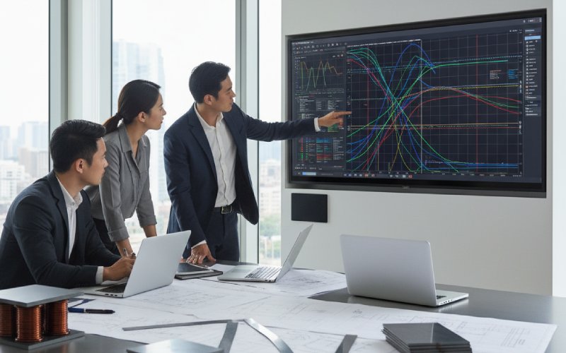 Engineers reviewing transformer magnetic data