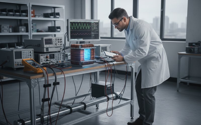 실험실에서 변압기 코어를 테스트하는 엔지니어
