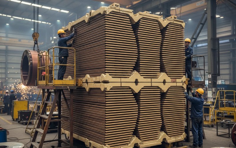 engineers assembling transformer core