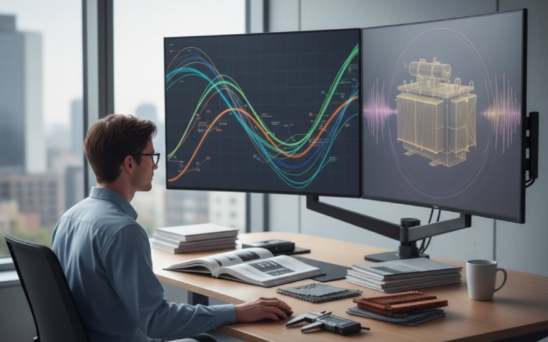 Engineer reviewing transformer test data