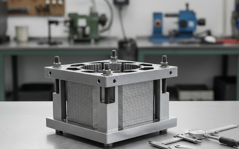 close-up of lamination stack clamped