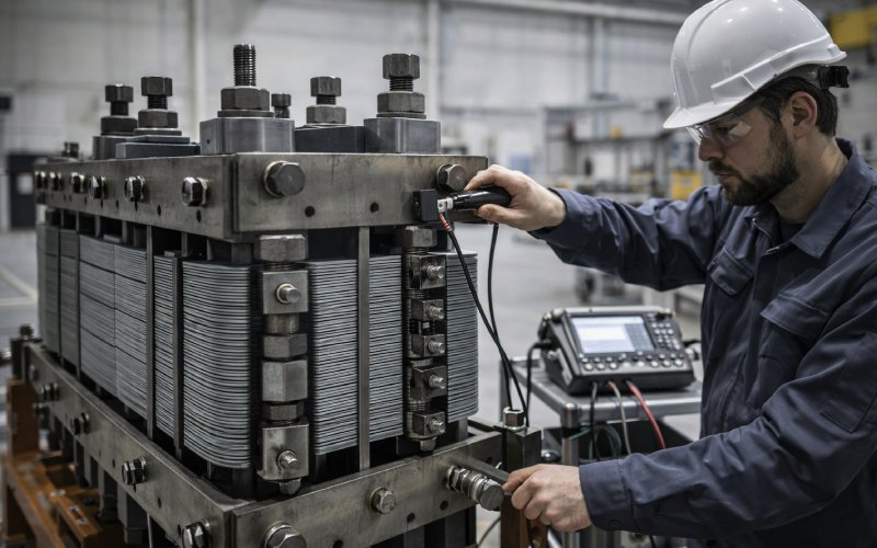 engineer measuring transformer core clamping