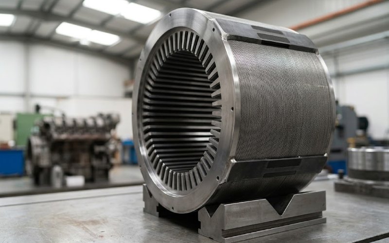 Angled close-up view of a large laminated stator core for wind generator manufacturing