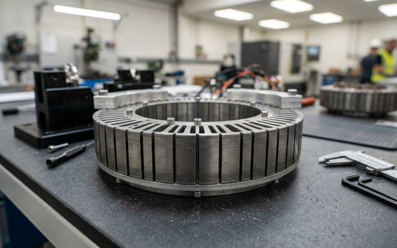 Assemblage d'un moteur à flux axial par laminage sur un banc de travail en usine