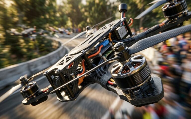 Close-up of a high-speed racing drone motor assembly in mid-flight, demonstrating power and efficient performance.