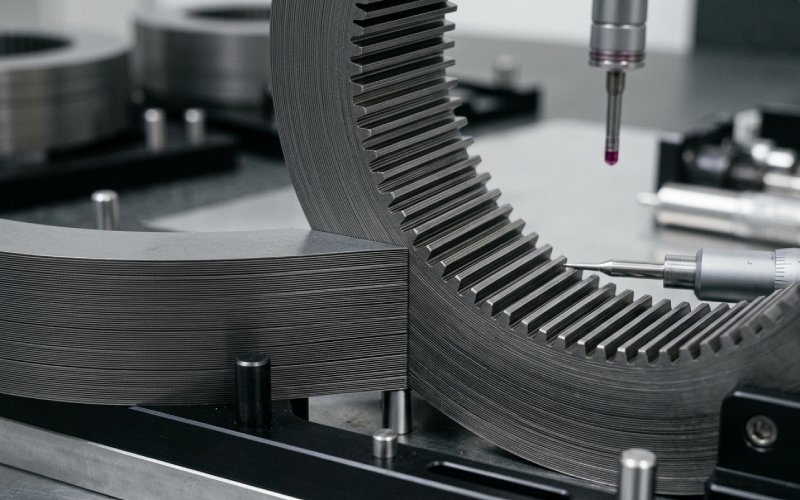 Close-up of a stepper motor lamination stack showing layered steel and precise edge quality