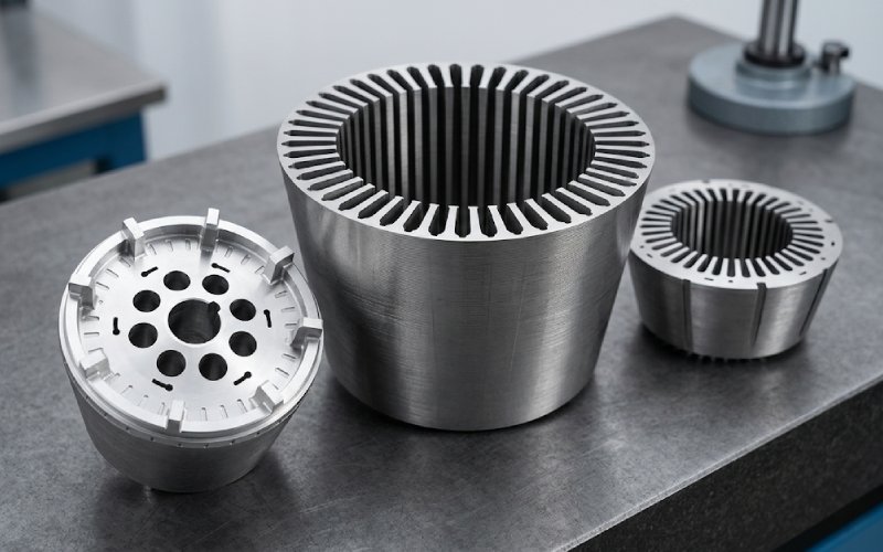 Close-up of air conditioner motor lamination stacks in a clean industrial studio