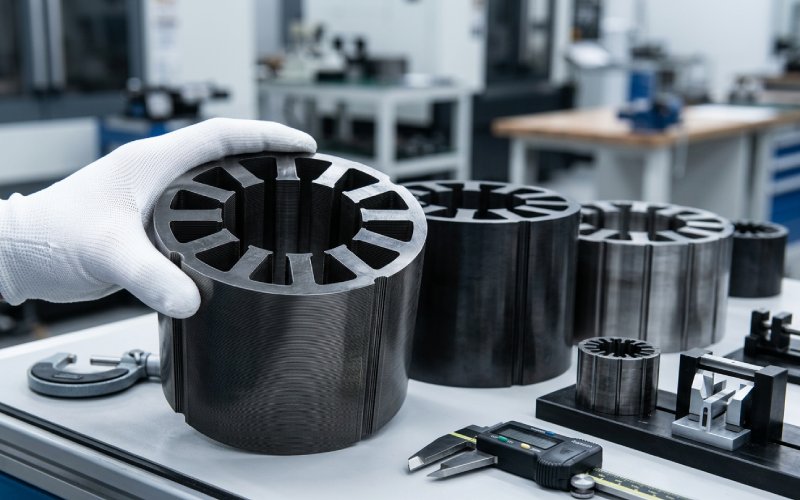 Close-up of motor lamination stacks during precision inspection and assembly