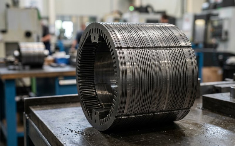 Close-up of precisely aligned motor lamination stacks for EV drive systems