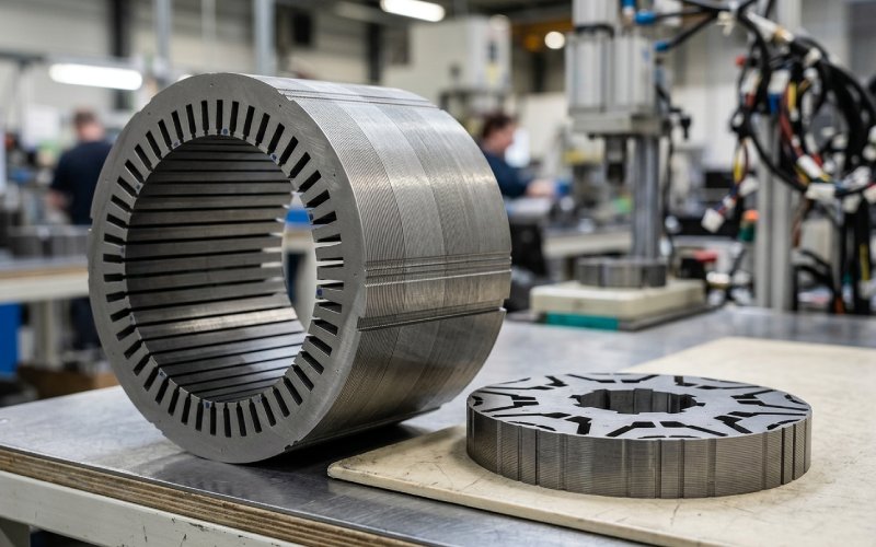 Close-up of precision PMSM lamination stacks with visible layered steel edges