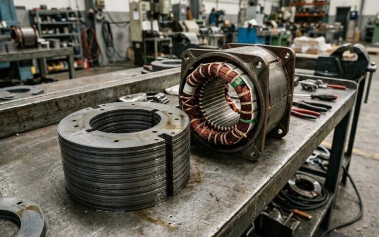 Lamineren van compressormotoren en assemblage van stators in een realistische industriële productieomgeving