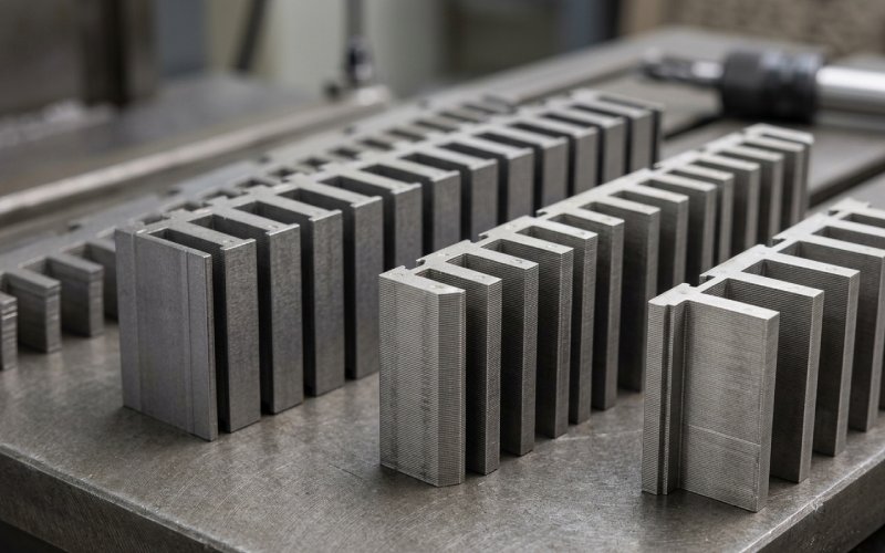 Detailed edge view of layered linear motor lamination stacks