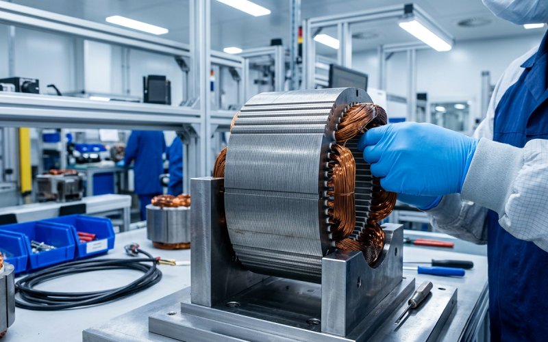 Detailed macro shot showing the complex geometric tooth profile and interlocking structure of a high-efficiency drone motor stator.
