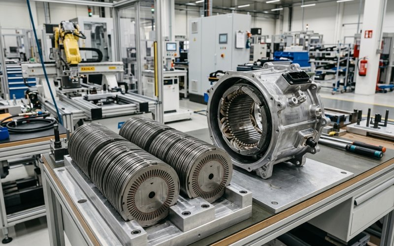 EV motor lamination stacks in a modern high-precision manufacturing facility