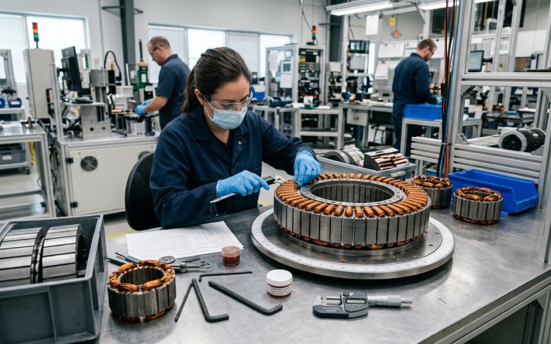 Ingénieur inspectant un noyau de moteur à flux axial segmenté en production