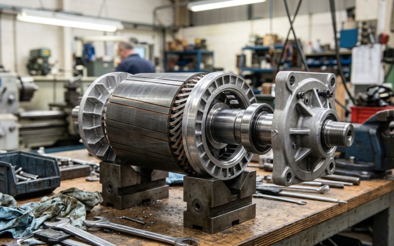 Finished induction motor rotor assembly in an industrial workshop