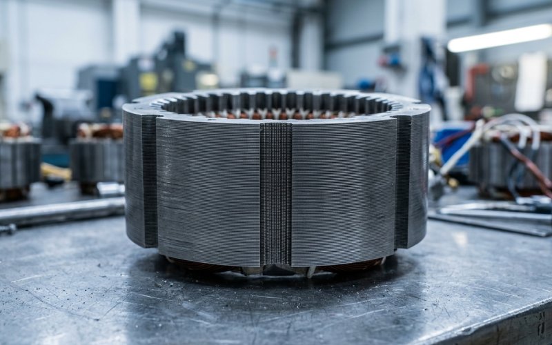 High-precision manufactured drone motor stator core with perfectly stacked silicon steel laminations on an industrial workbench.