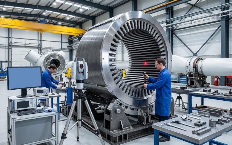 Large wind turbine generator core being aligned and inspected in a manufacturing workshop
