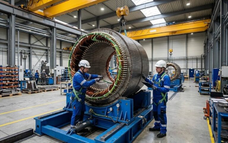 Large wind turbine generator lamination stack being assembled in an industrial factory