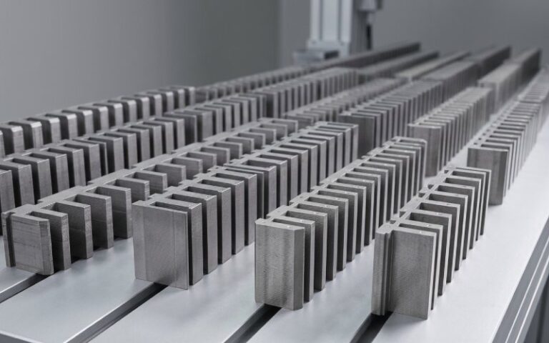 Linear motor lamination stacks arranged in a clean industrial setting